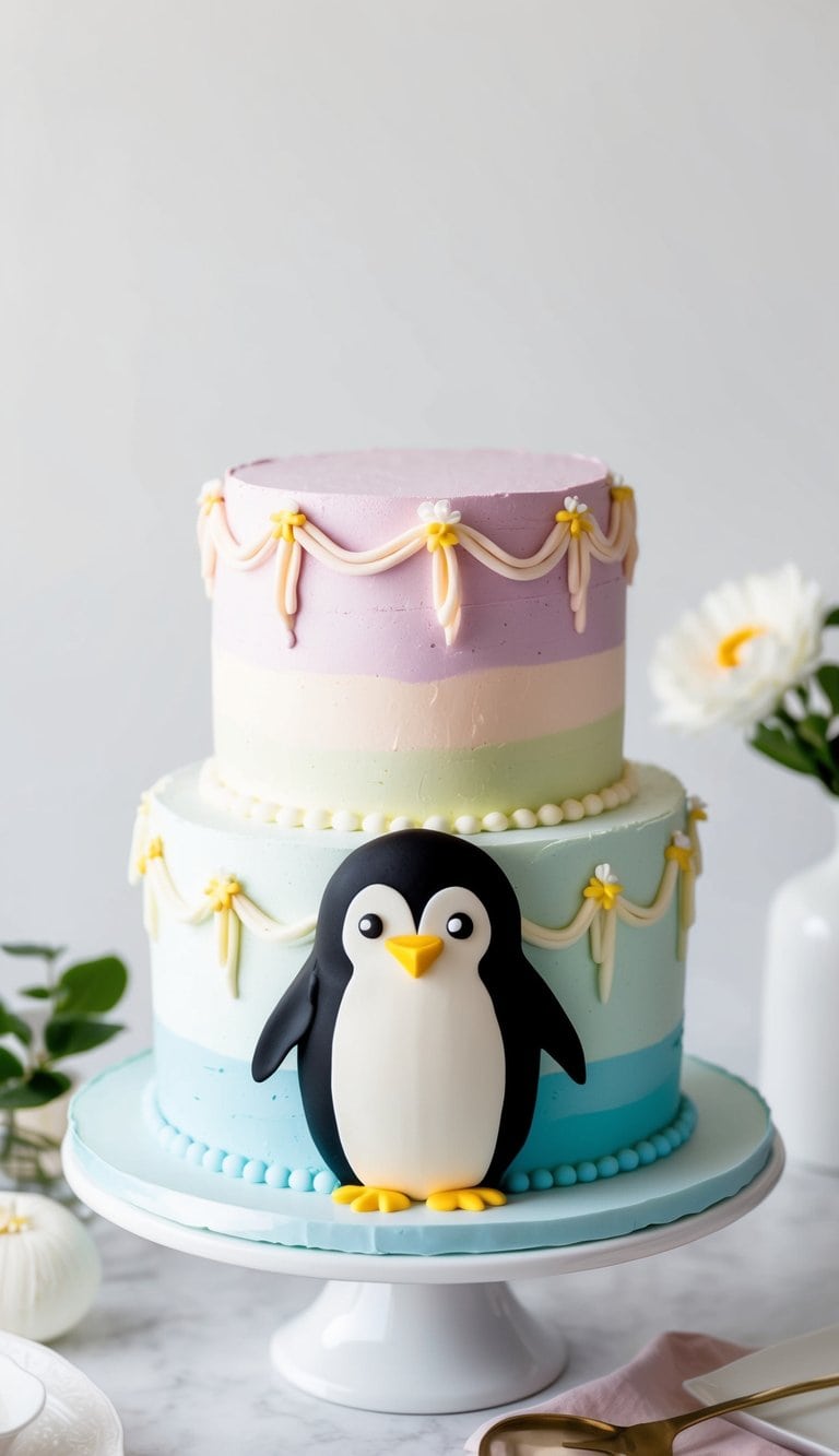 A penguin-shaped cake covered in pastel-colored frosting, with cute and charming decorations