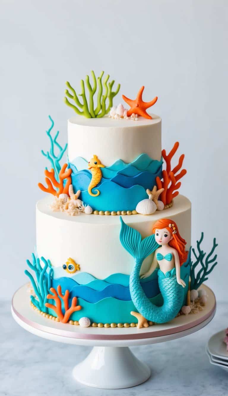 A whimsical underwater scene with colorful coral, playful sea creatures, and a charming mermaid-inspired cake as the centerpiece