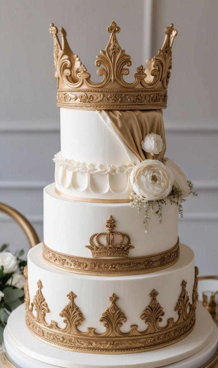 A three-tiered white cake decorated with gold royal crowns and ornate patterns, draped fondant, and white flowers, evoking an elegant and regal theme.
