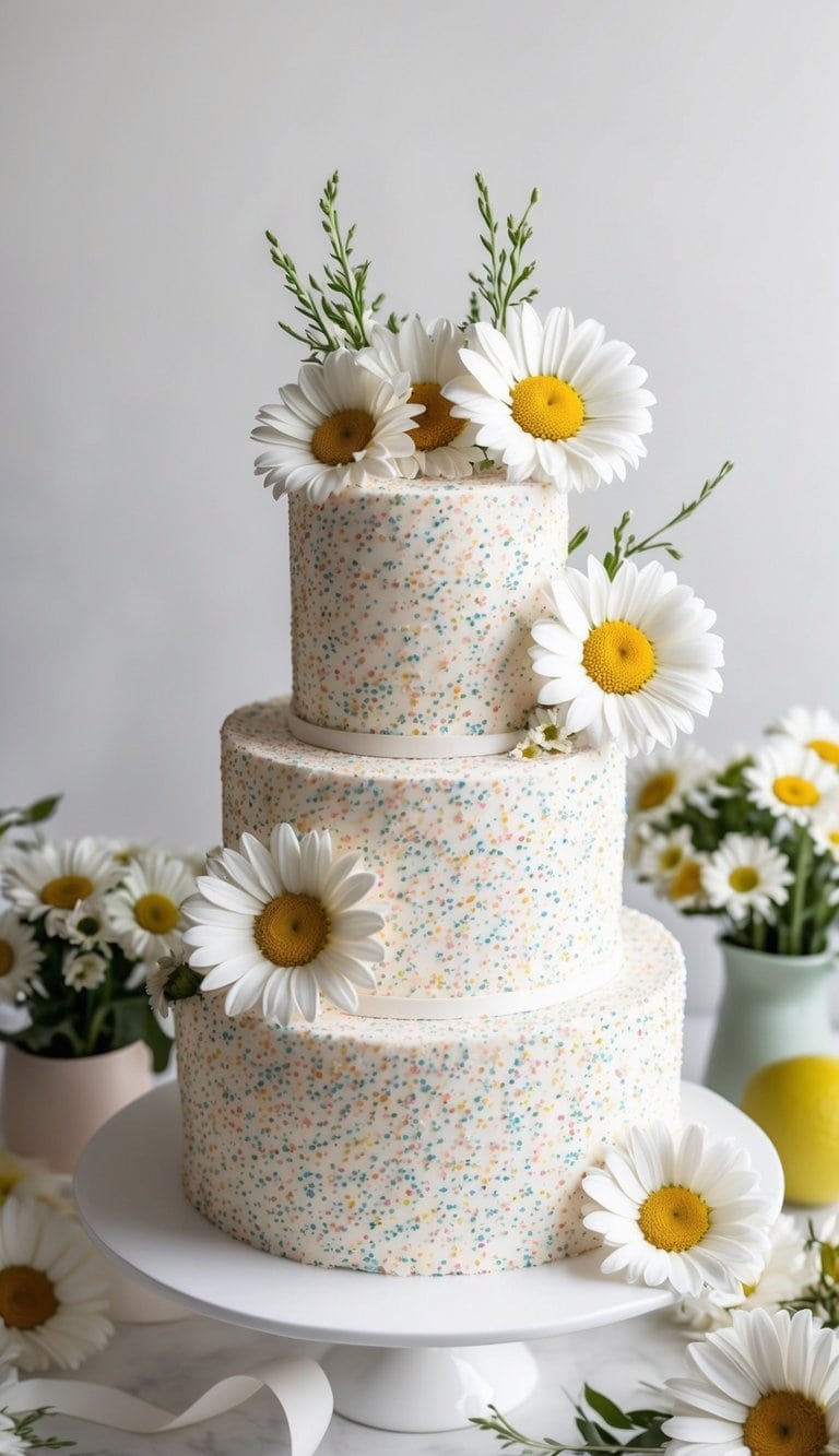 A daisy sprinkle cake surrounded by fresh daisies and floral decorations
