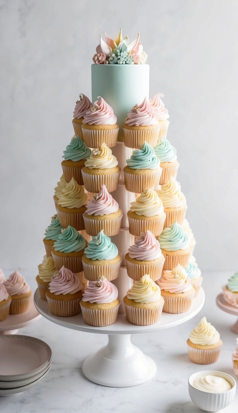 A tower of pastel cupcakes arranged in a charming and adorable cake display