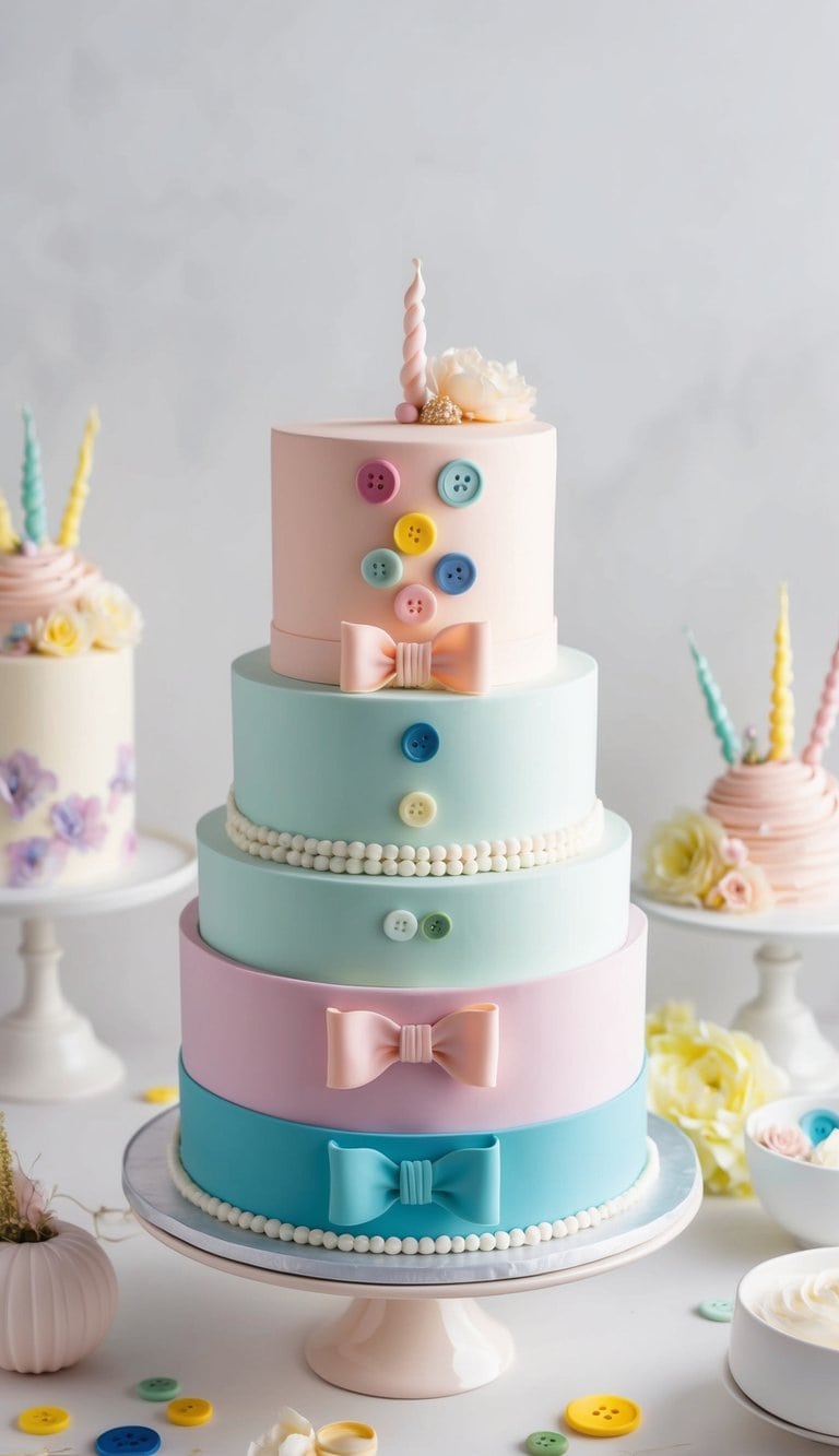 A pastel-colored cake adorned with buttons and bows, surrounded by whimsical decorations