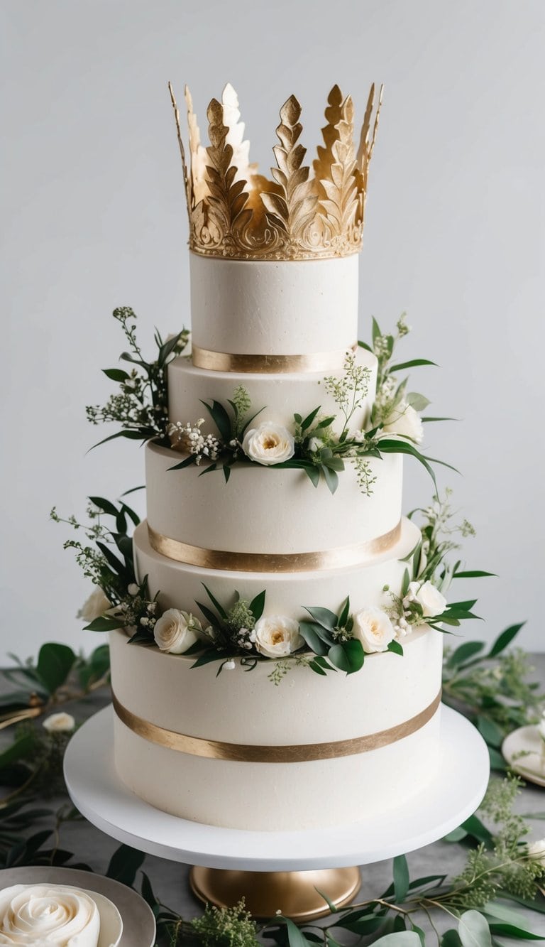 A grand cake adorned with intricate gold leaf crowns, surrounded by lush greenery and delicate floral accents