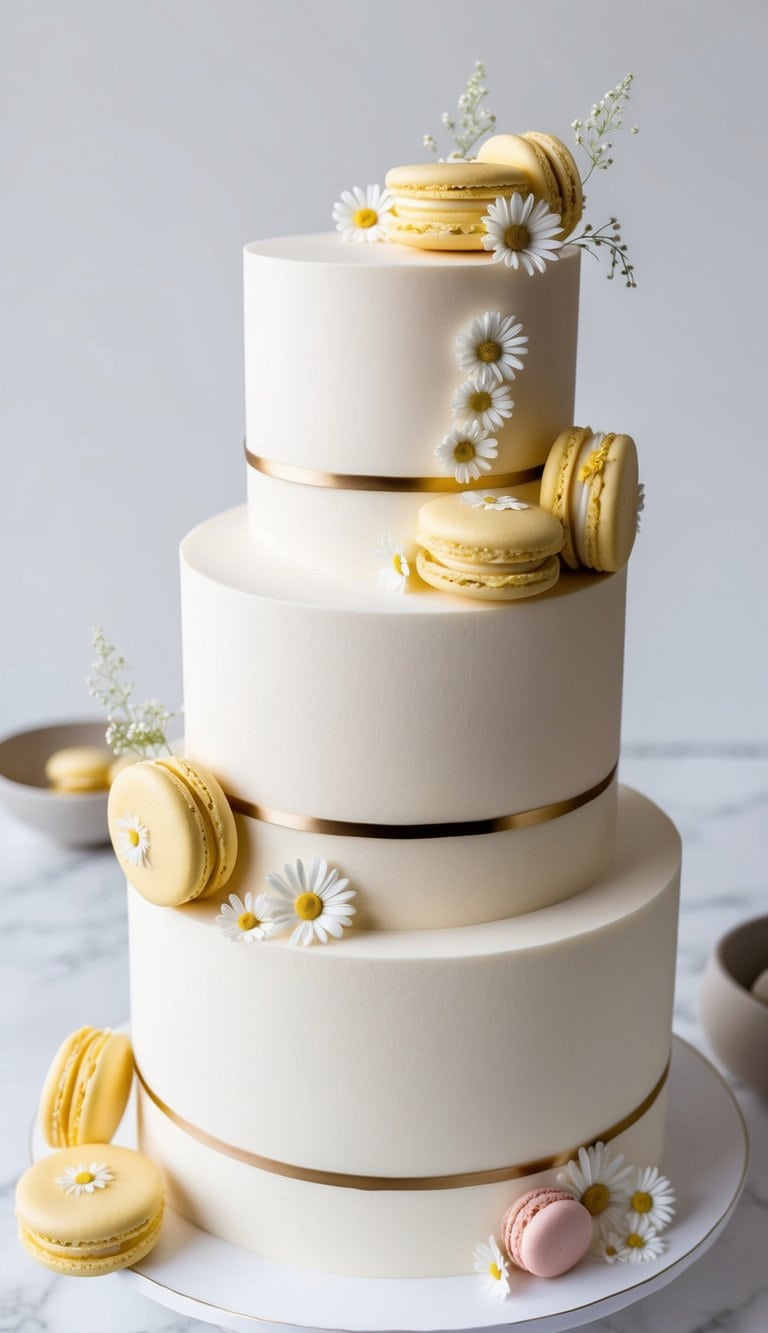 A tiered cake adorned with daisy-shaped macarons and delicate floral decorations
