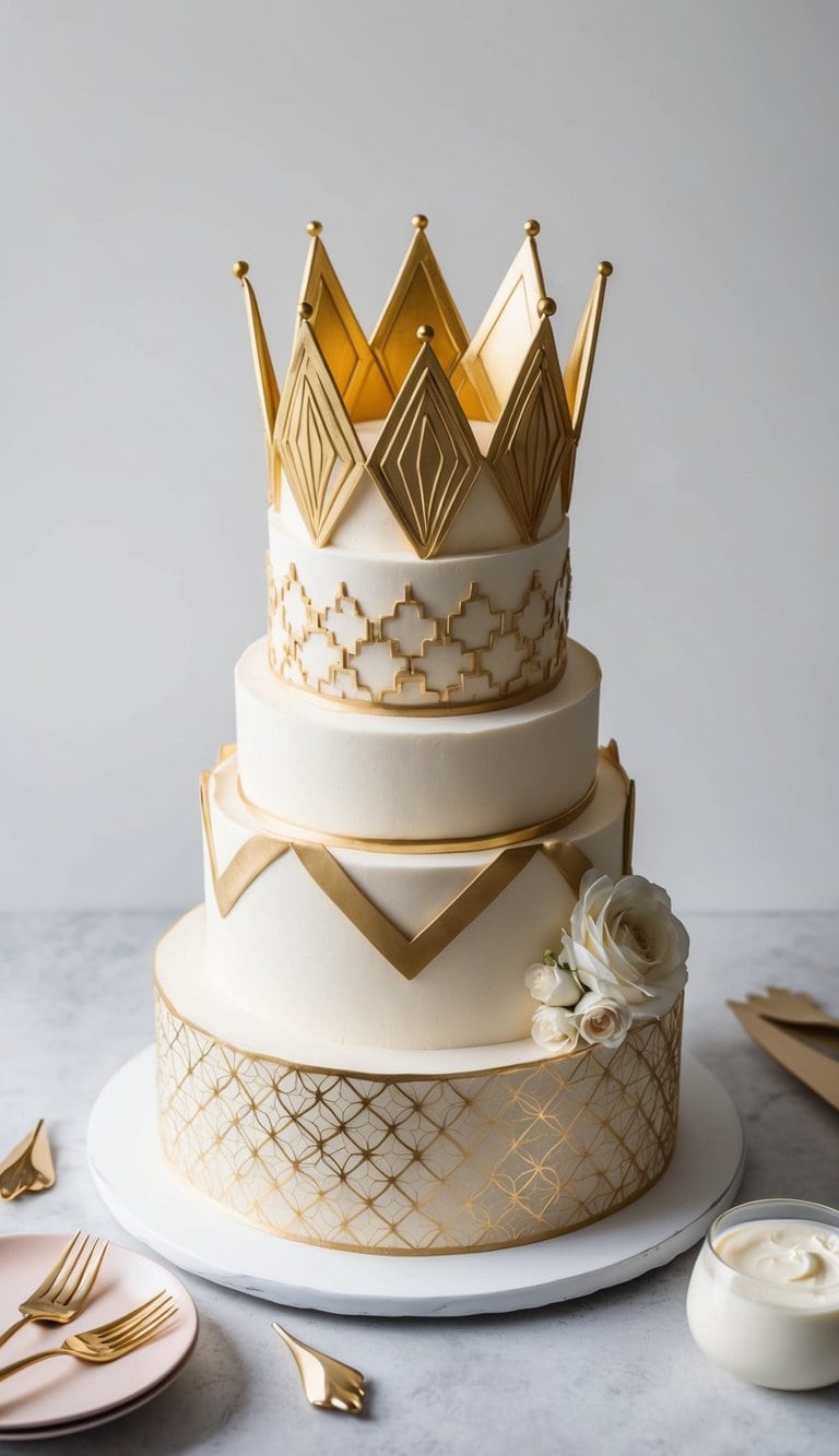A tiered cake adorned with golden geometric crowns and elegant patterns