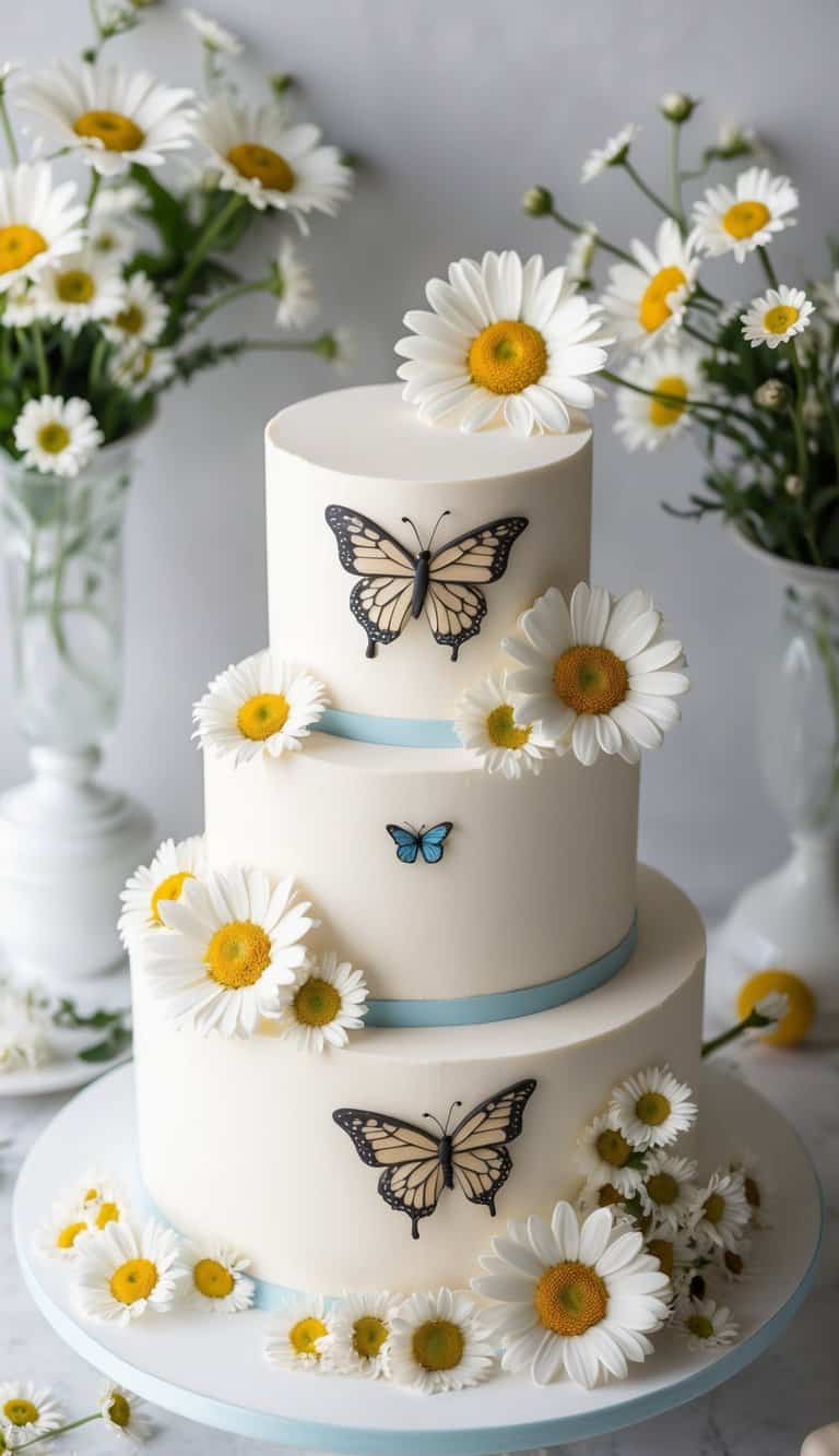 A daisy and butterfly cake surrounded by fresh daisies and delicate floral decorations