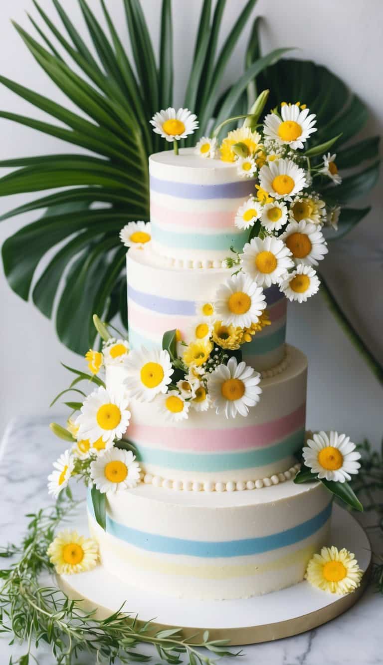A vibrant tropical daisy cake surrounded by fresh daisies and greenery, with delicate floral decorations cascading down the sides