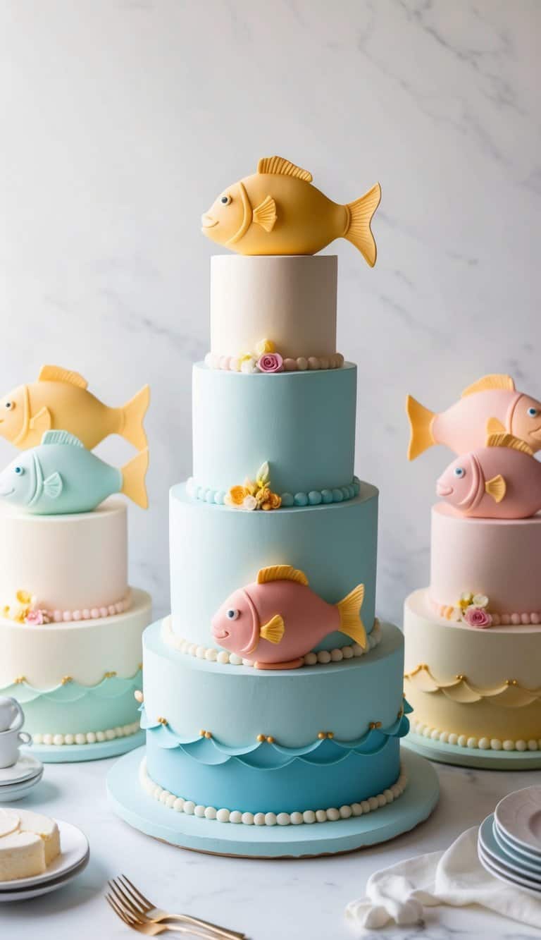 A group of pastel-colored fish-shaped cakes arranged in a playful and charming display
