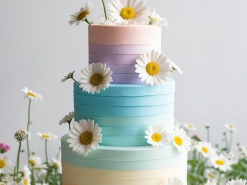 Three-tiered cake with pastel rainbow stripes, adorned with white daisies. The cake is displayed on a white stand, surrounded by scattered daisies. The background is a soft, neutral color.