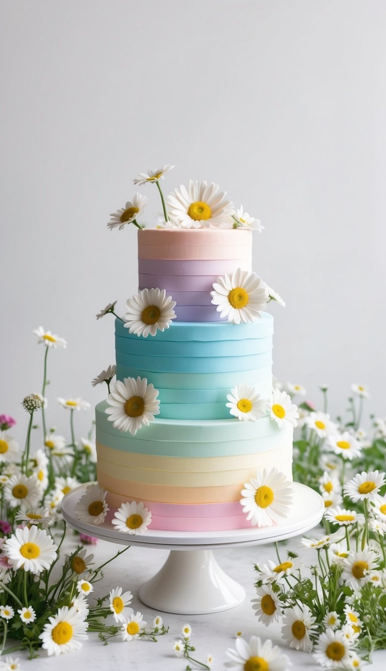 A pastel rainbow daisy cake surrounded by a field of delicate daisies in various colors, creating a fresh and floral scene