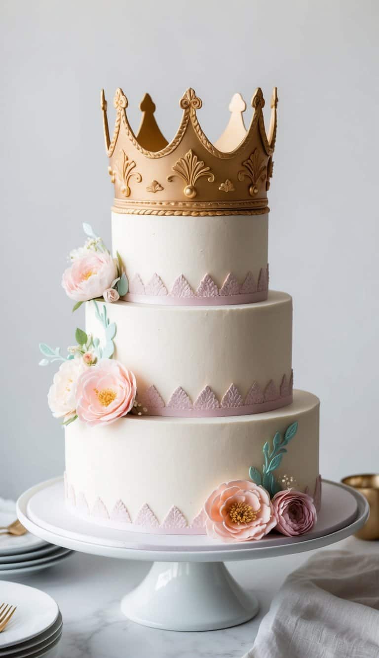 A royal crown cake adorned with pastel-colored flowers and intricate icing designs