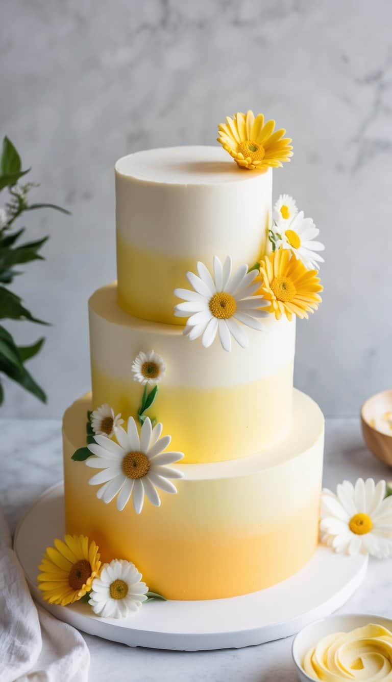 A yellow ombre daisy cake with delicate floral decorations