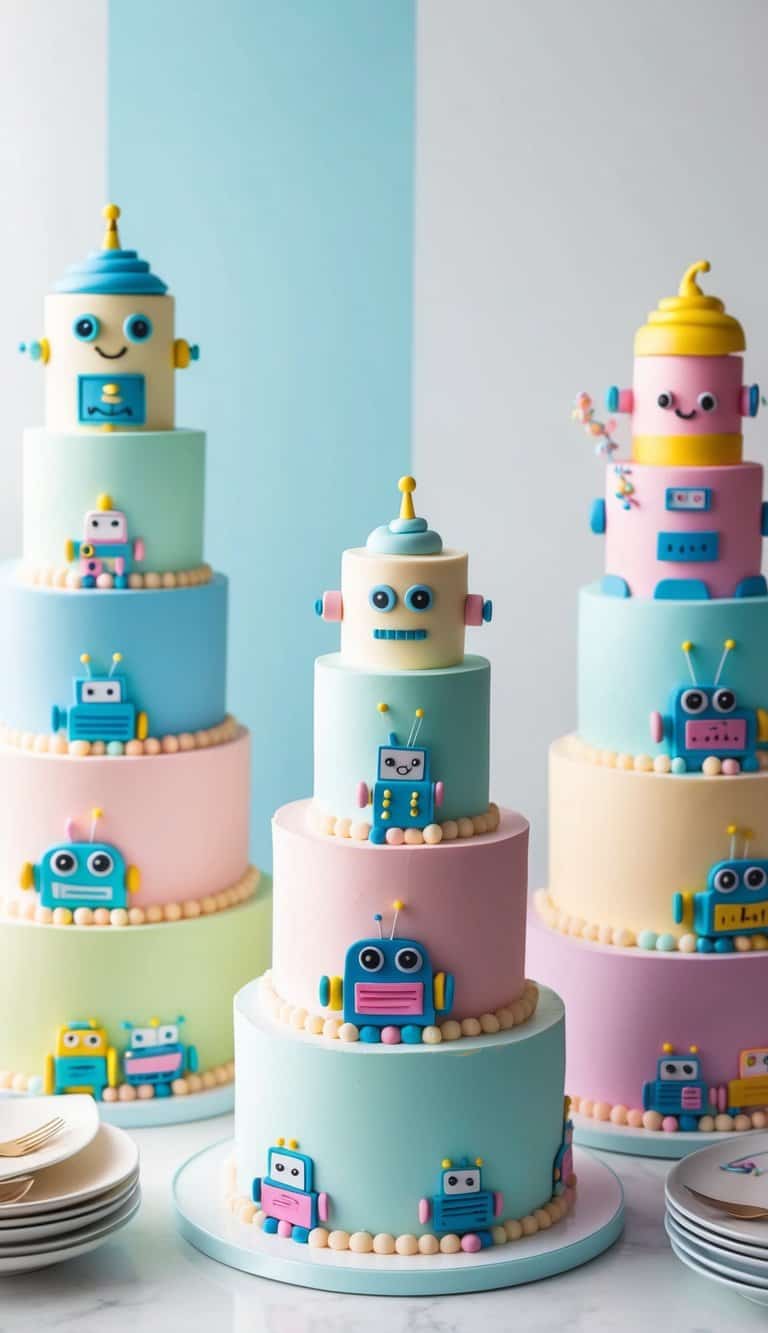 A colorful array of pastel-colored robot-themed cakes arranged on a table with cute and charming decorations