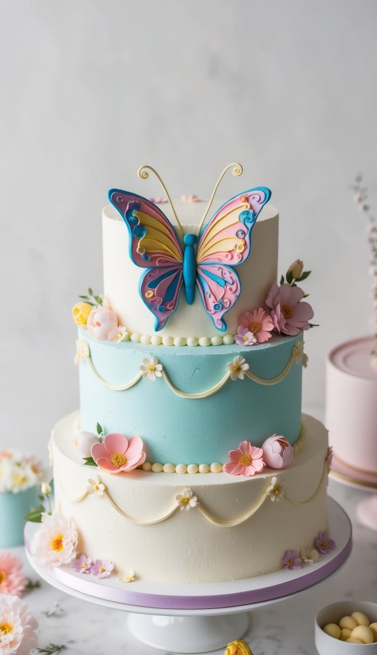 A colorful butterfly-shaped cake surrounded by pastel flowers and other cute decorations