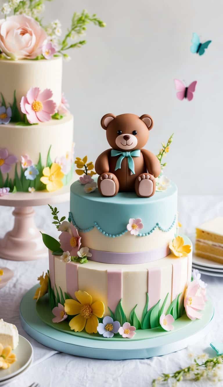 A whimsical picnic scene with a teddy bear cake as the centerpiece, surrounded by pastel-colored flowers, butterflies, and other charming decorations