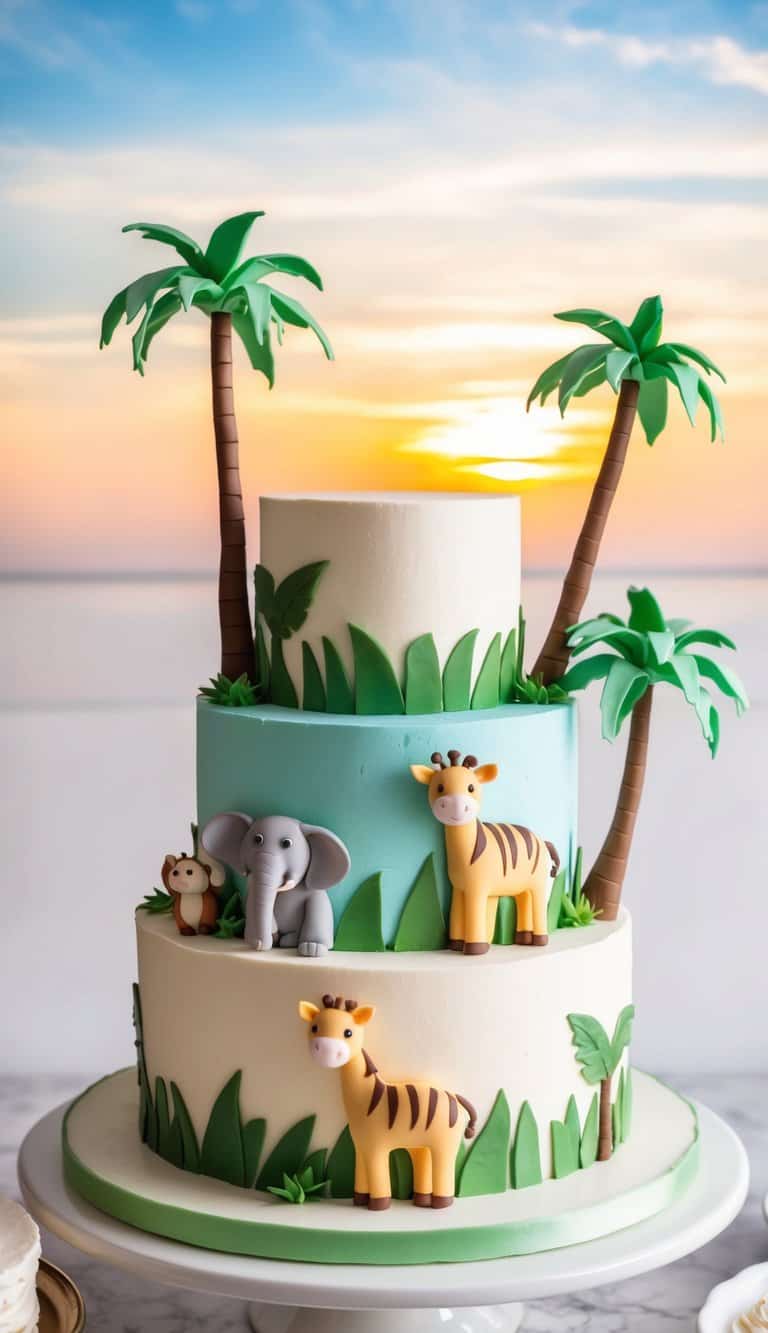 A safari-themed cake adorned with pastel-colored fondant animals and palm trees under a beautiful sunset sky