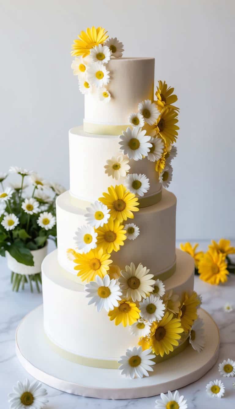 A three-tiered cake adorned with cascading daisies in various shades of white and yellow, surrounded by smaller daisy decorations