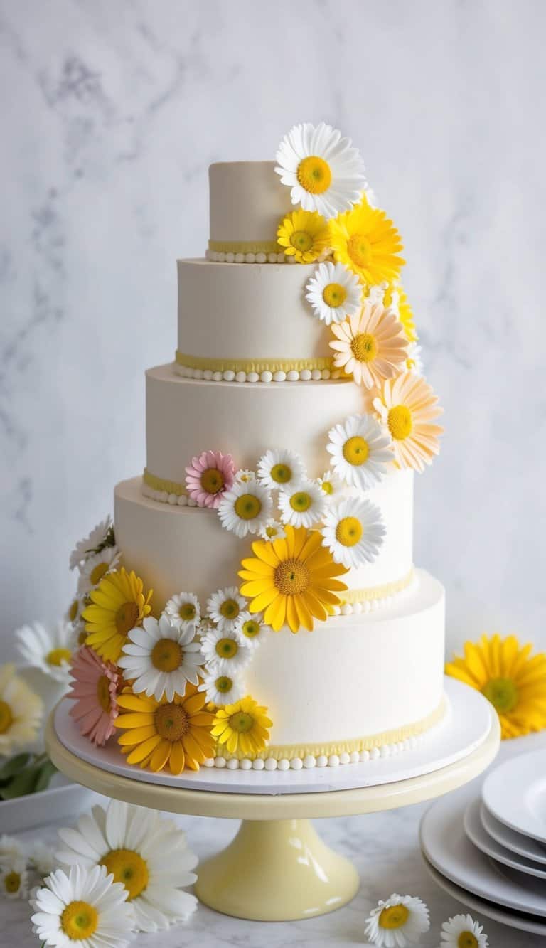 A vintage-inspired cake adorned with an array of daisy flowers in various sizes and colors, creating a whimsical and cheerful scene