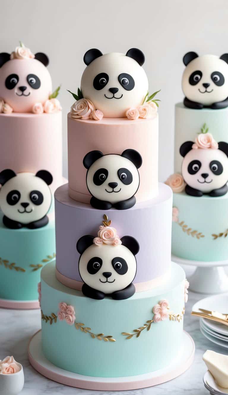 A group of pastel-colored cakes decorated with adorable panda faces and playful designs