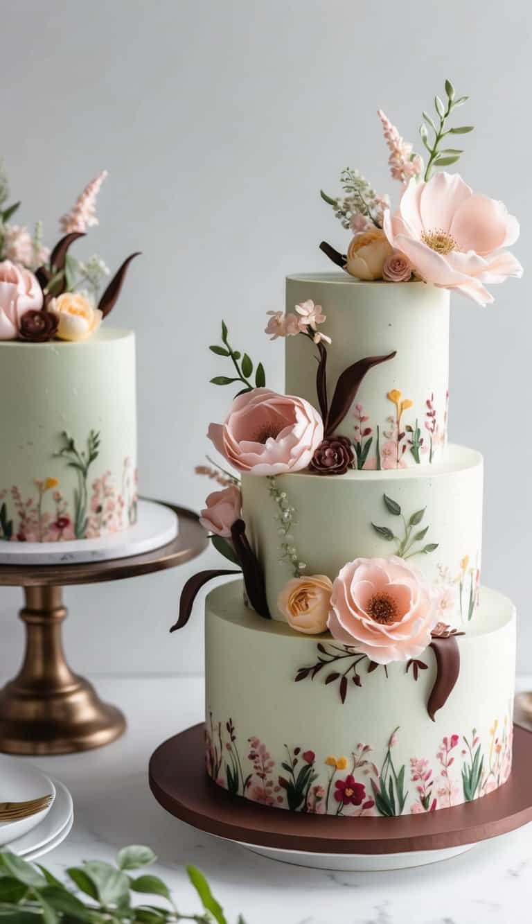A garden-themed cake with pastel-colored flowers and chocolate decorations