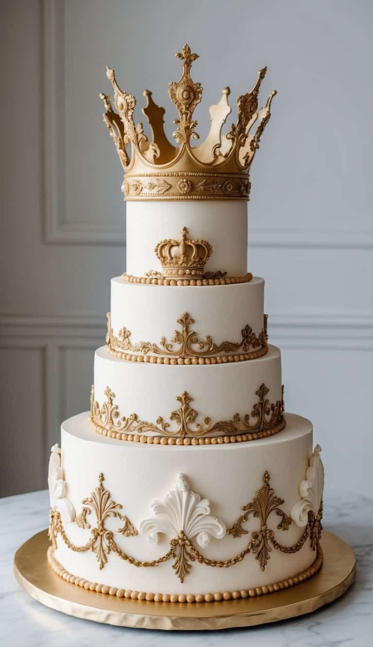 A grand, tiered cake adorned with ornate gold crowns and elaborate royal decorations