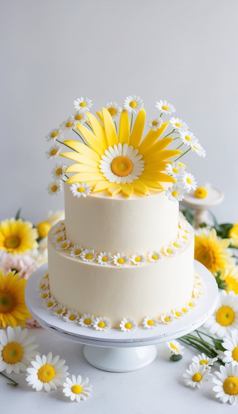 A bright, sunny daisy burst cake surrounded by a variety of delicate floral daisy decorations