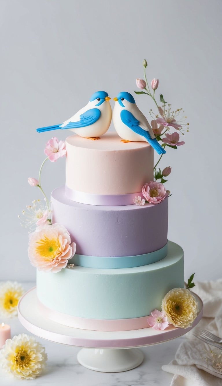 A pair of love birds perched on a pastel-colored cake surrounded by delicate flowers and whimsical decorations
