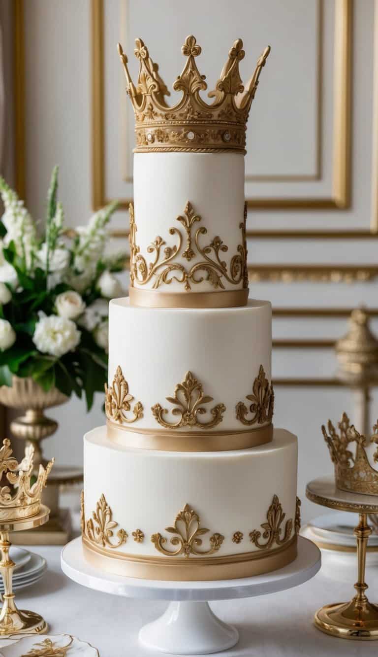 A grand tiered cake adorned with intricate gold crown designs, set against a backdrop of opulent royal decor