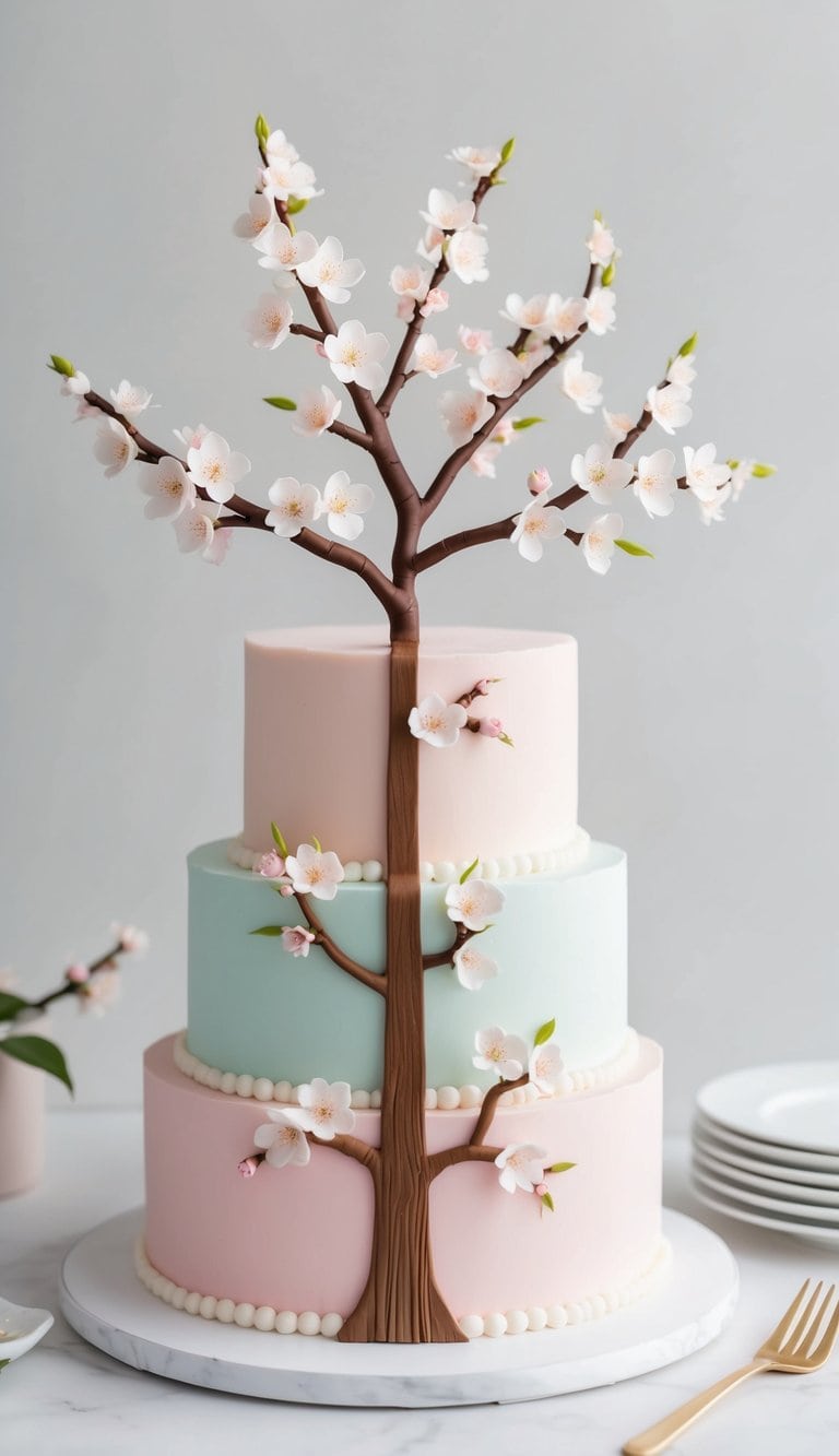 A cherry blossom tree cake with pastel colors and cute decorations