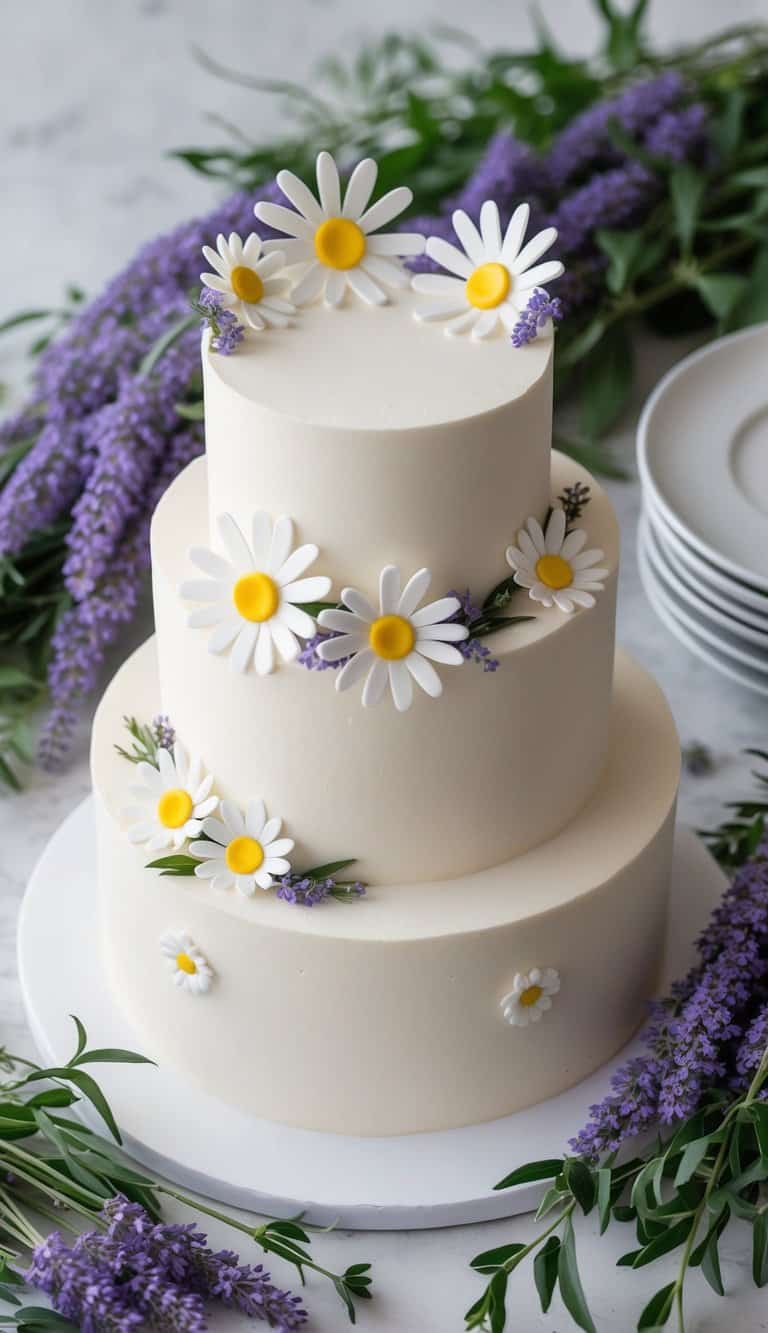 A daisy-themed cake surrounded by lavender flowers and greenery, with delicate daisy decorations adorning the top and sides