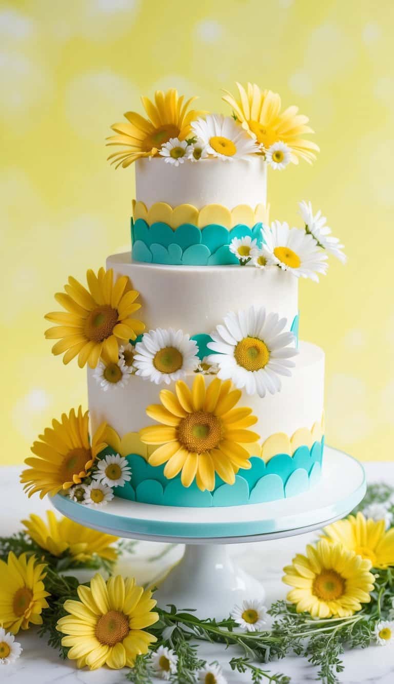 A vibrant daisy cake surrounded by fresh daisies and greenery, with a bright, sunny background