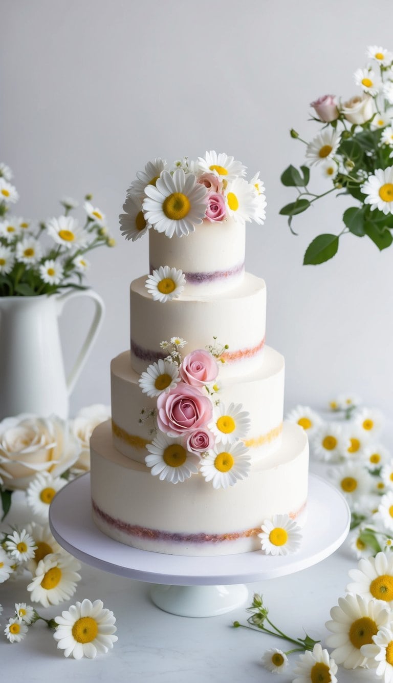 A daisy and rose fusion cake surrounded by 60 daisy-themed cake decorations, featuring delicate and fresh floral elements