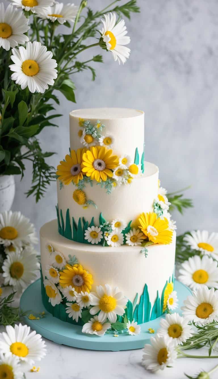 A vibrant daisy-themed cake surrounded by fresh daisies and greenery, with delicate floral icing and intricate detailing