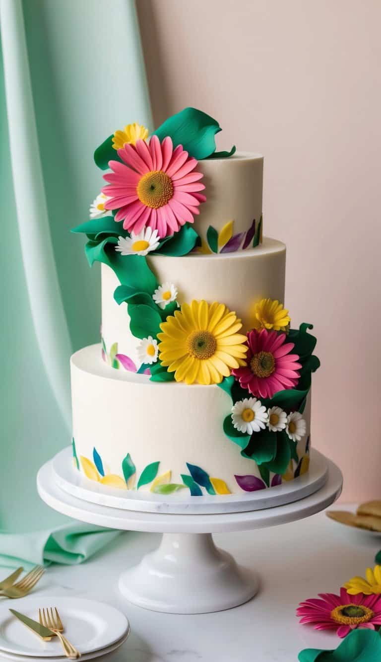 A vibrant daisy-themed cake adorned with jewel-toned petals and greenery, set on a white cake stand against a soft, pastel backdrop