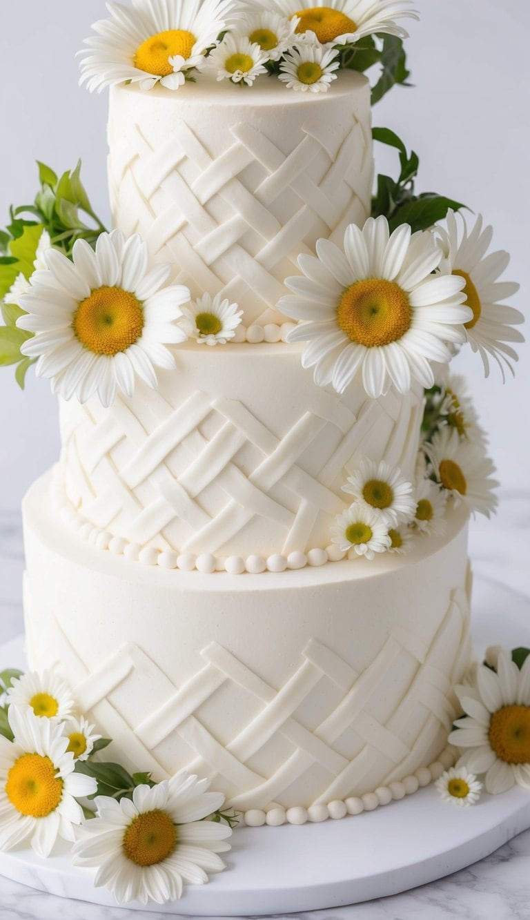 A daisy basketweave cake surrounded by fresh daisies and floral decorations