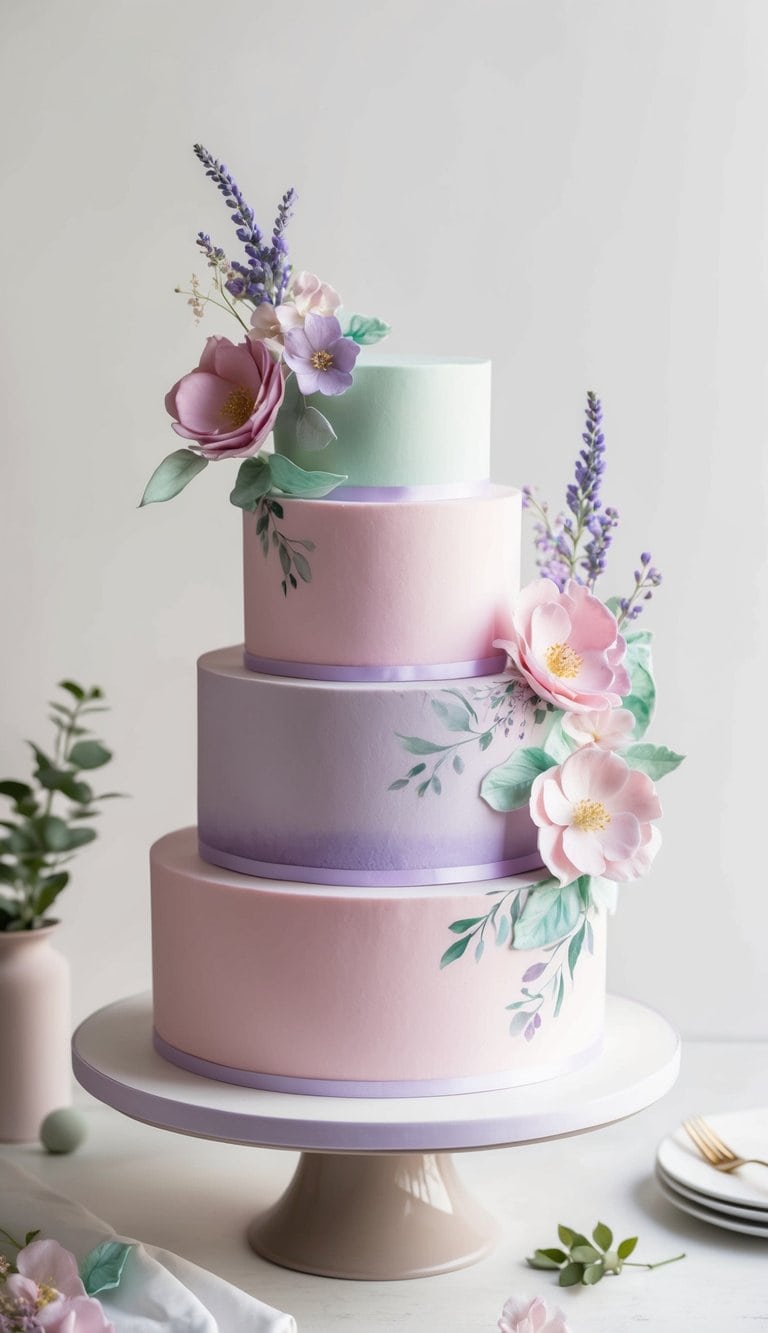 A delicate, pastel-colored cake adorned with whimsical watercolor florals in shades of pink, lavender, and mint, creating an elegant and heartfelt Mother's Day centerpiece