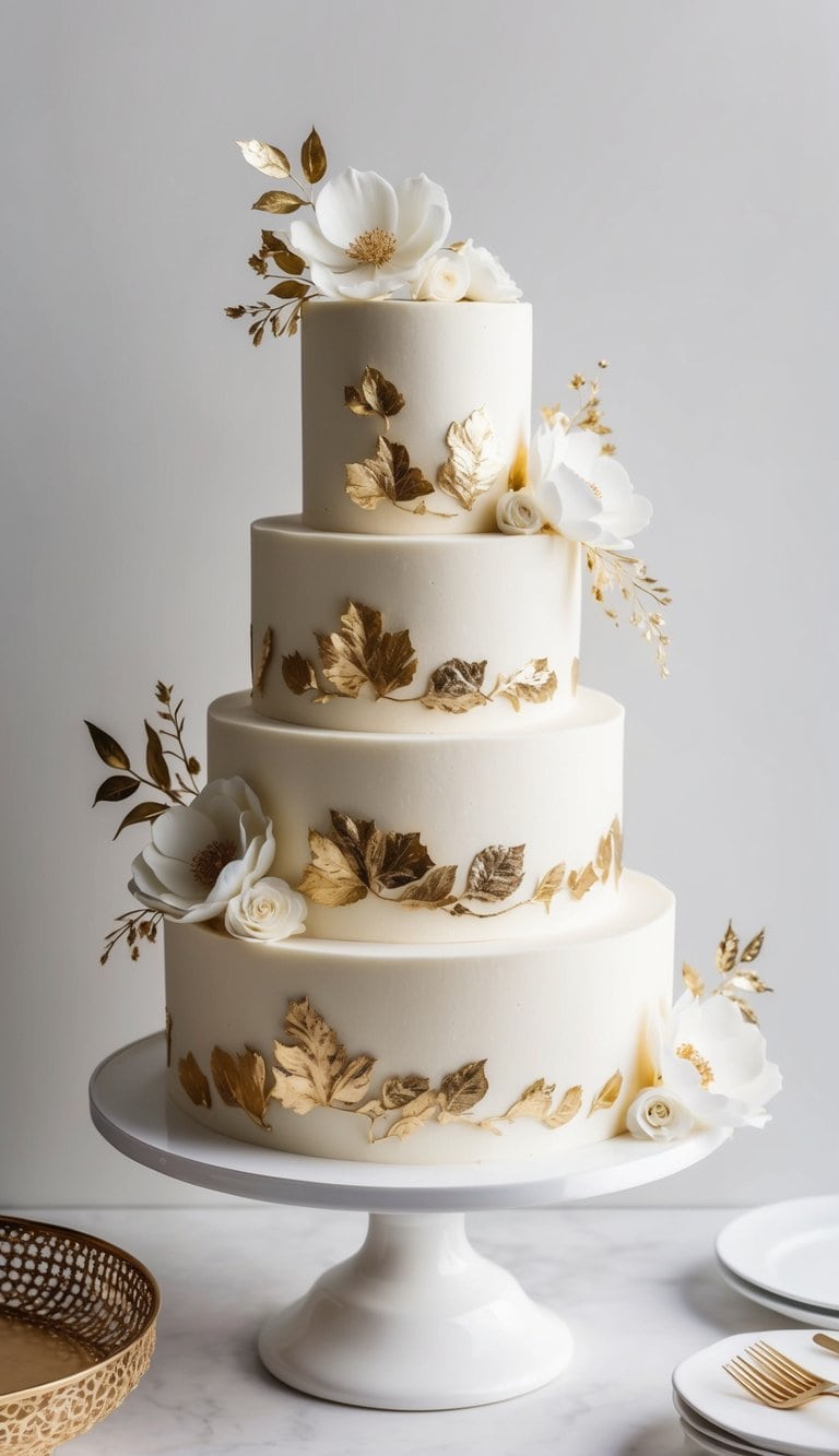 A tiered cake adorned with delicate gold leaf, flowers, and elegant details