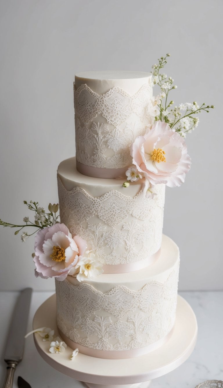 A vintage lace-patterned cake adorned with delicate flowers and elegant details