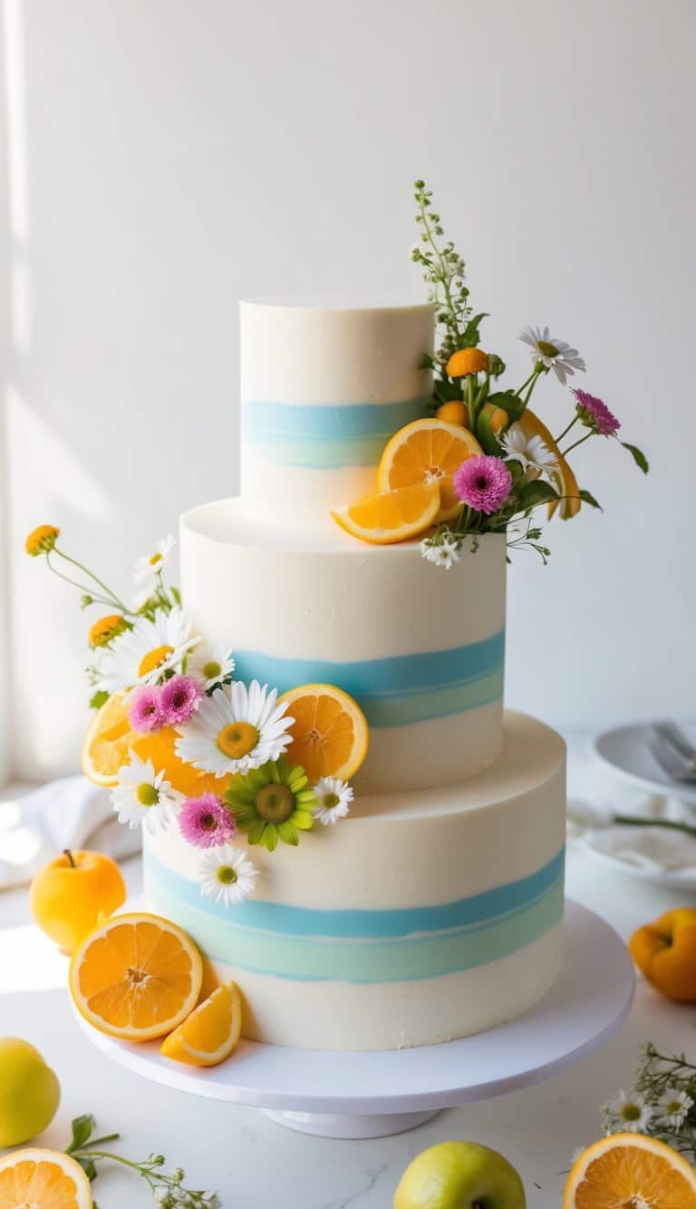 A vibrant daisy cake surrounded by an assortment of fresh fruits and flowers, with a light and airy atmosphere
