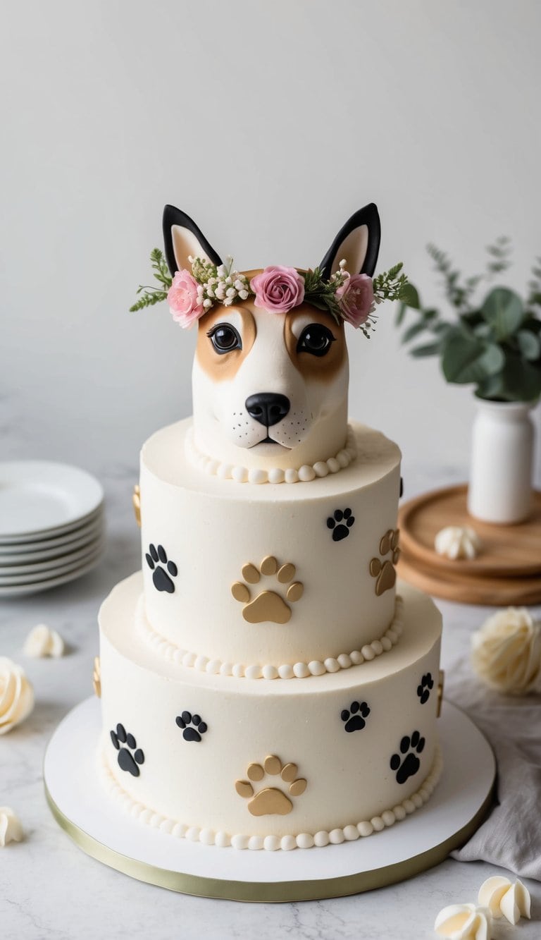 A dog-shaped cake adorned with a floral crown, surrounded by paw prints and playful dog-themed decorations
