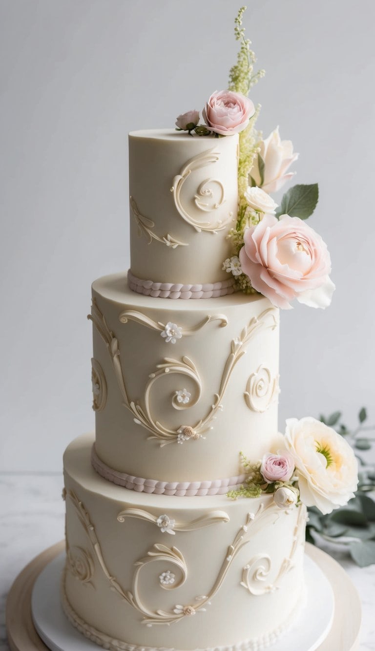 A Victorian-inspired cake with elegant swirls and delicate floral decorations in soft pastel colors