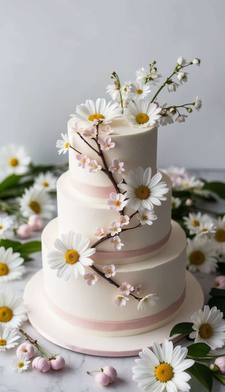 A cherry blossom and daisy cake surrounded by fresh daisies and cherry blossoms, with delicate floral decorations on the cake
