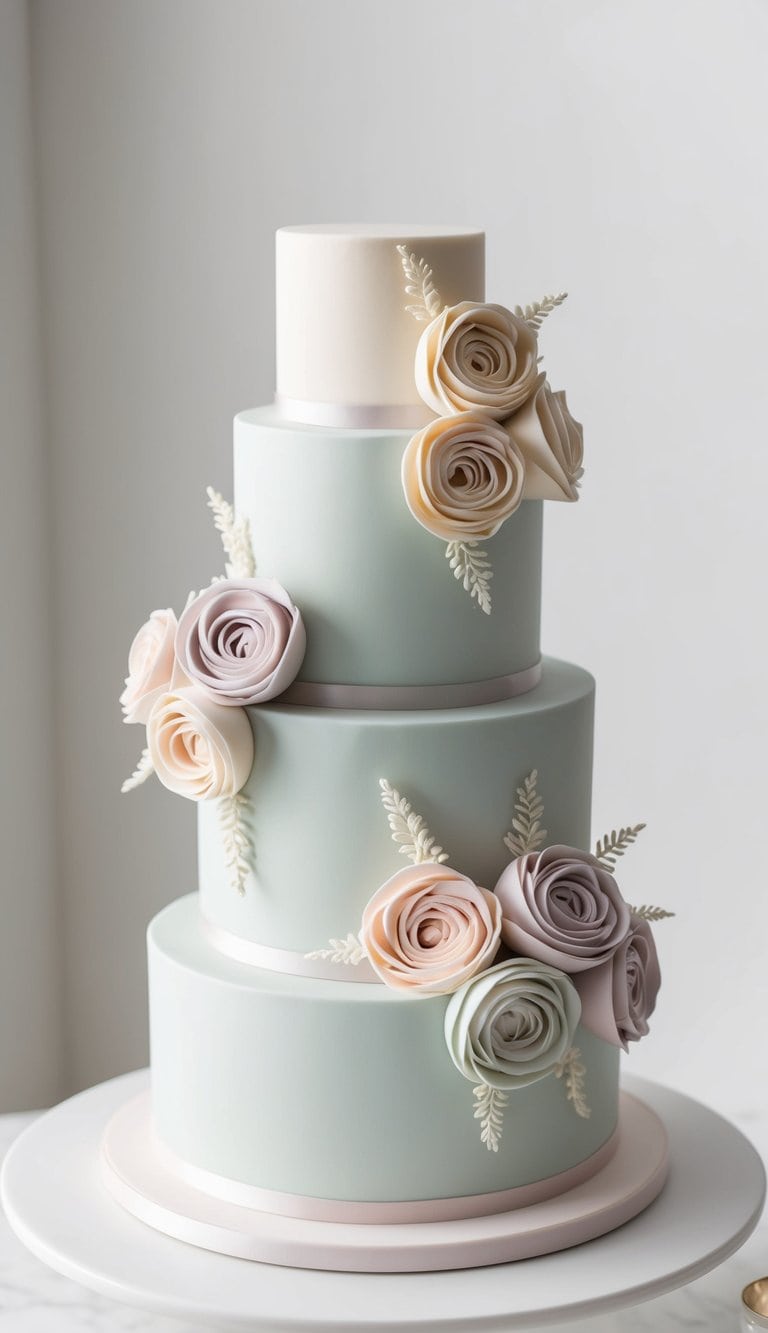 A serene, elegant cake adorned with minimalist rosette ensembles in soft pastel colors, exuding grace and heartfelt beauty