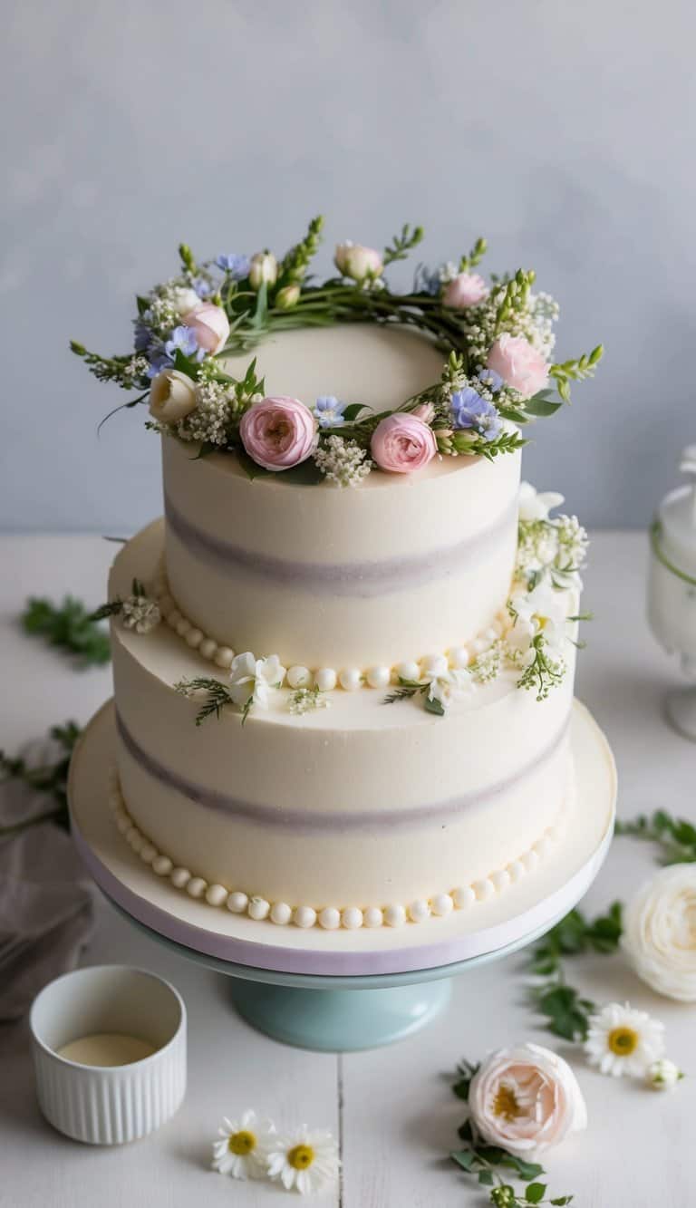 A beautiful floral wreath sits atop an elegant Mother's Day cake, surrounded by delicate and heartfelt decorations