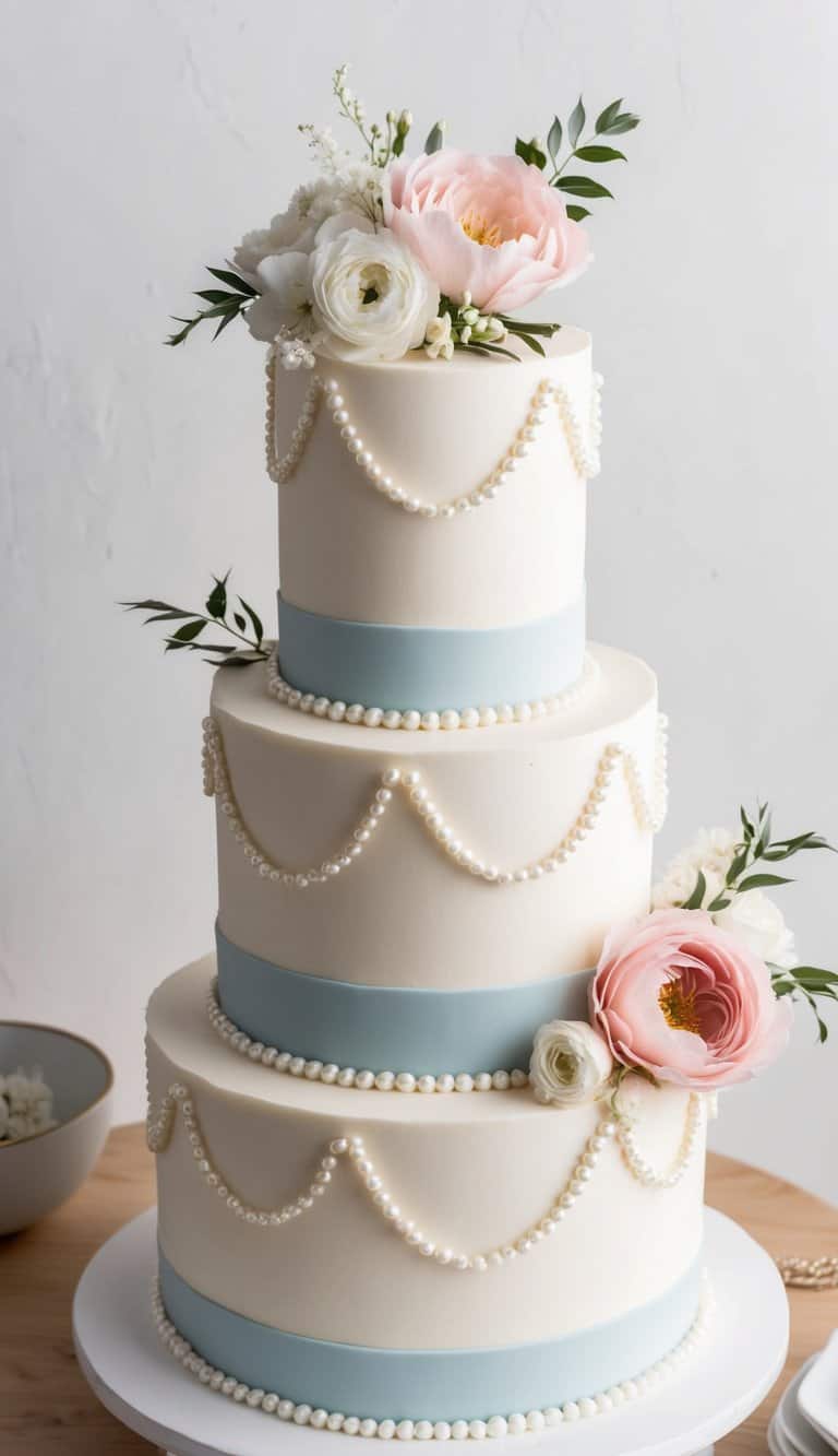 A tiered cake adorned with delicate pearl accents and elegant floral decorations