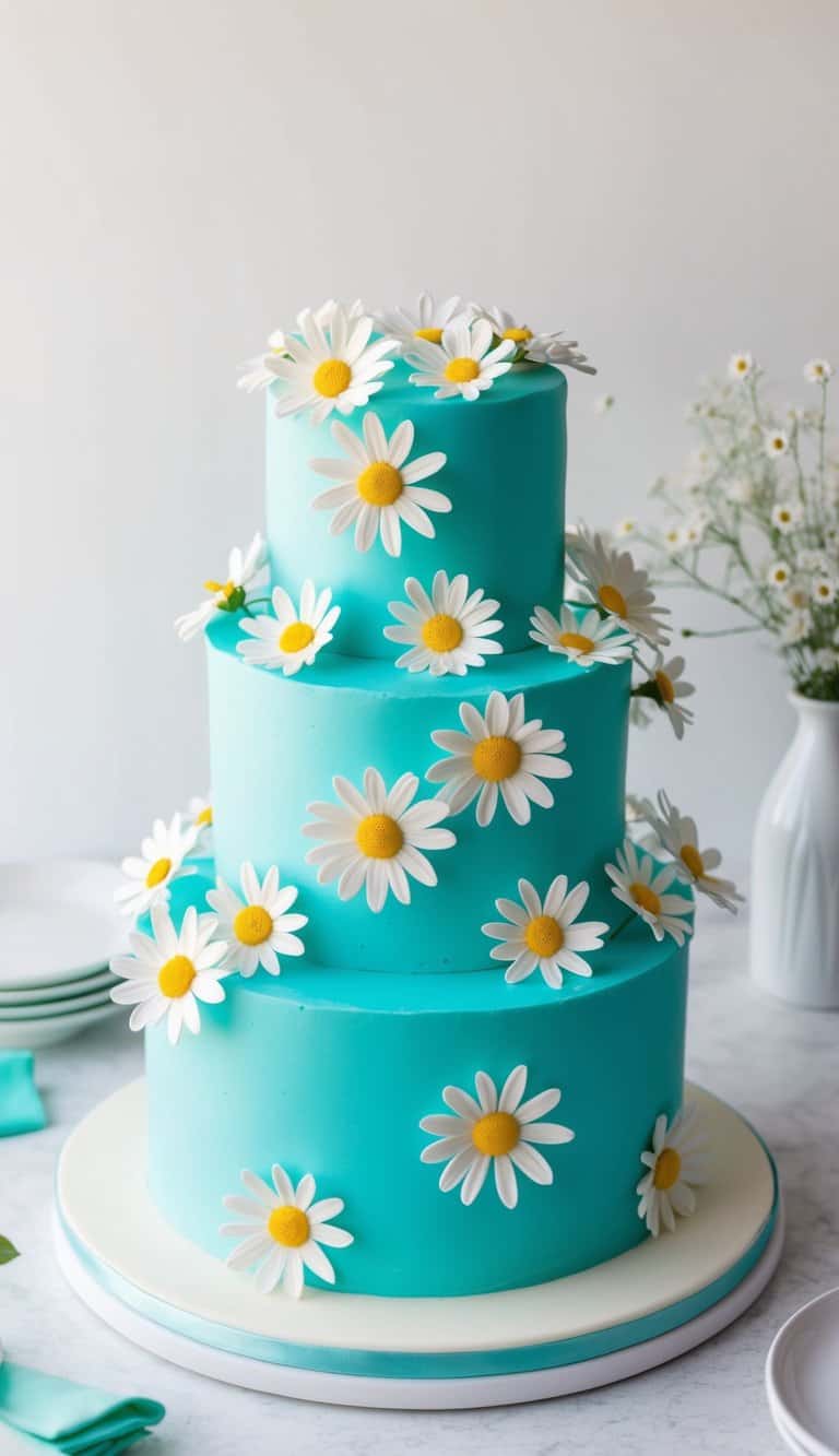 A vibrant Tiffany blue daisy cake adorned with 60 delicate daisy decorations, creating a fresh and floral scene