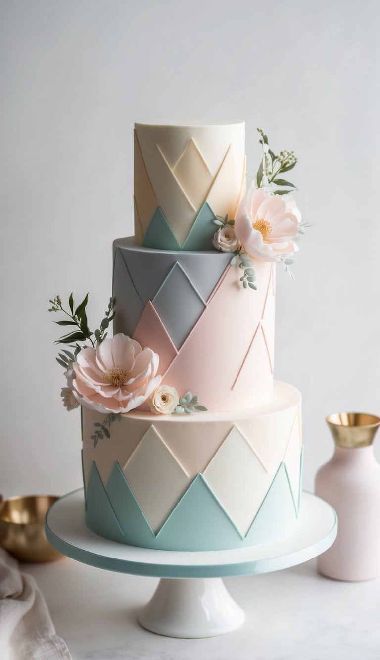 A tiered cake adorned with delicate geometric fondant designs in soft pastel colors, accented with elegant floral decorations
