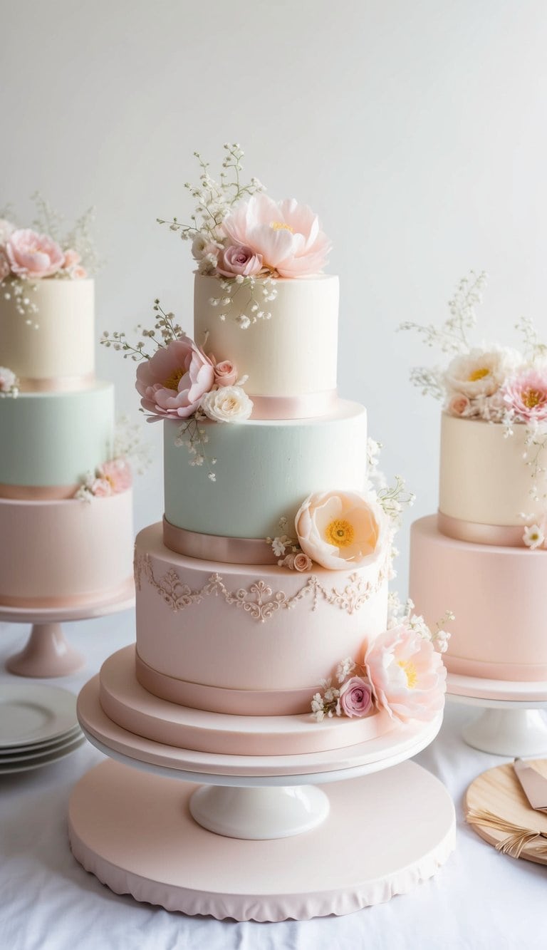 A display of elegant, pastel-colored cakes adorned with delicate flowers and intricate designs, exuding a sense of grace and warmth