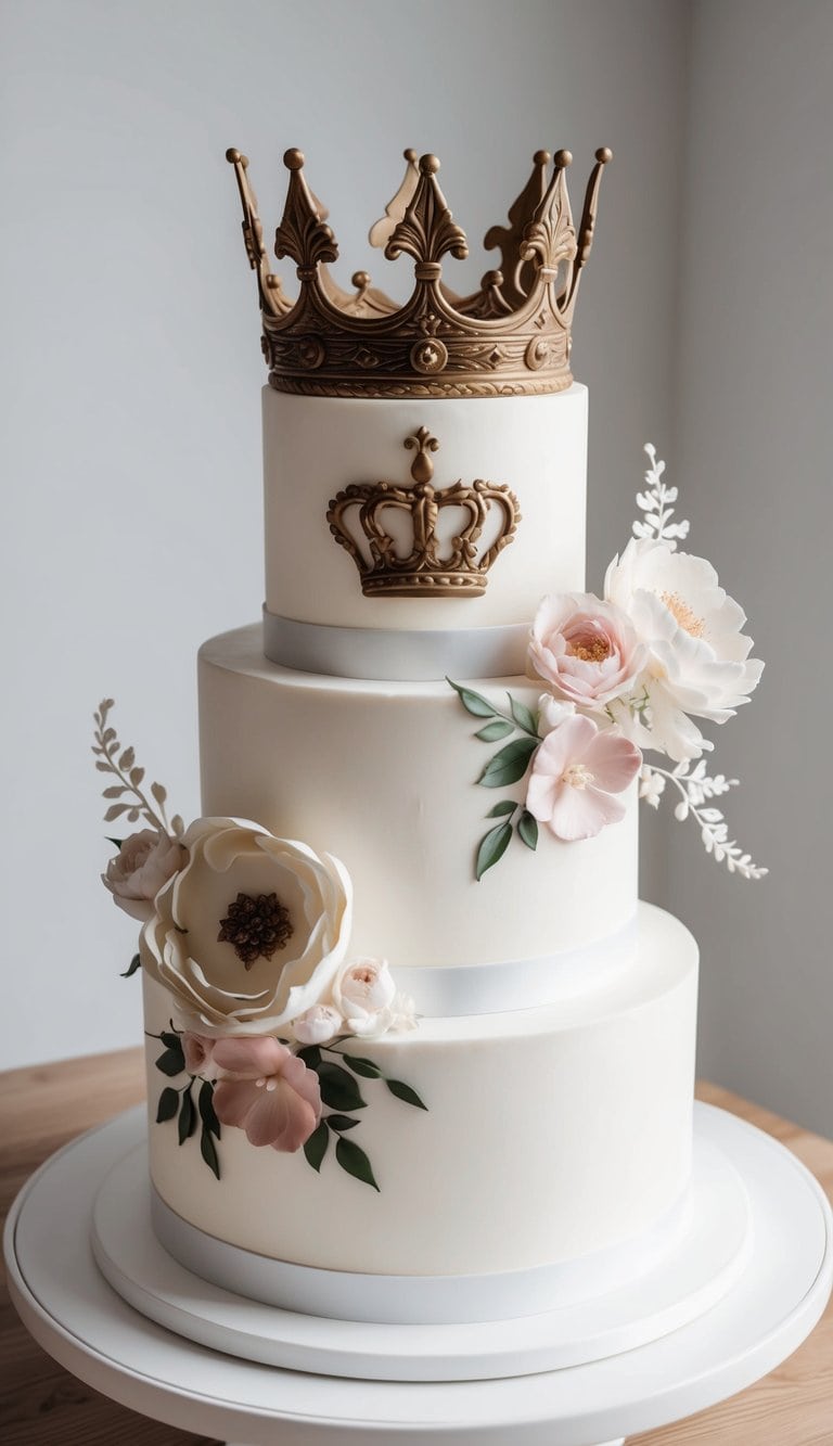 A tiered cake adorned with intricate crown motifs and elegant floral designs