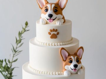 A three-tier white cake decorated with fondant corgi dog faces and brown paw prints, with a small vase of greenery and plates nearby on a marble surface.
